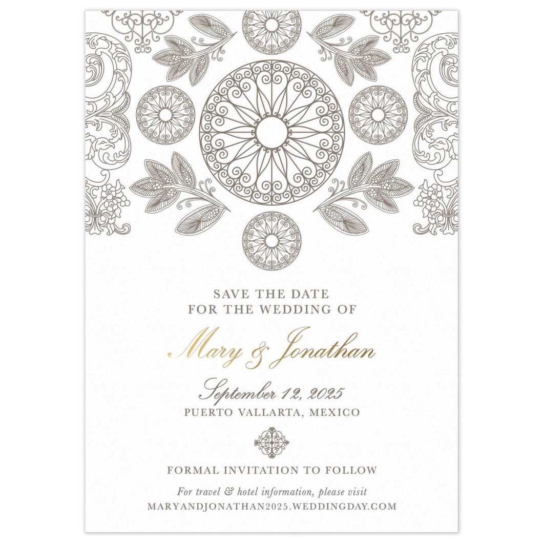 Mexican pattern of circles, leaves and scrolls at the top of the save the date. Block and script text centered on the card.