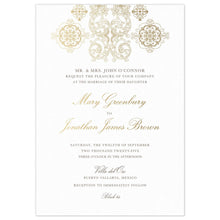 Load image into Gallery viewer, white paper invitation with gold mexican design at top and gold script and block font