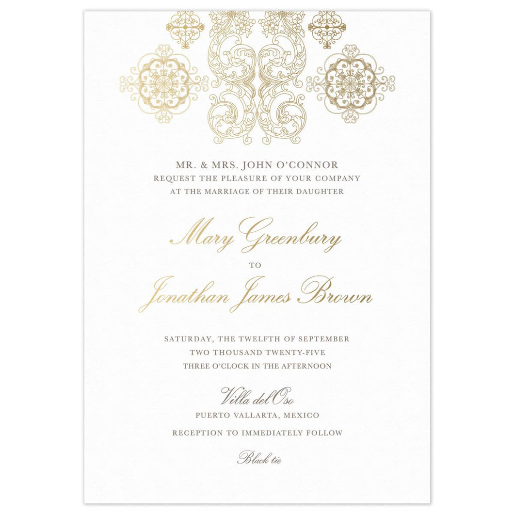 white paper invitation with gold mexican design at top and gold script and block font