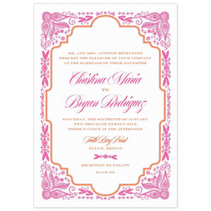 Intricate mexican border in hot pink, an orange frame holding block and script font.