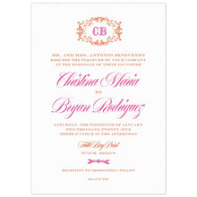 Load image into Gallery viewer, A wedding invitation with pink script and orangle block font. At the top is an orange flourish around a pink monogram.