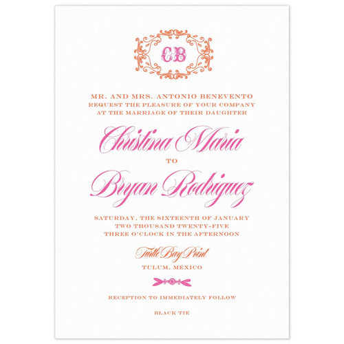 A wedding invitation with pink script and orangle block font. At the top is an orange flourish around a pink monogram.