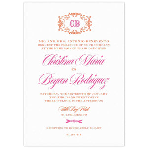 A wedding invitation with pink script and orangle block font. At the top is an orange flourish around a pink monogram.