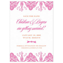 Load image into Gallery viewer, Feminine mexican pattern on the top and bottom of the card in hot pink. Block and script font centered on the page.