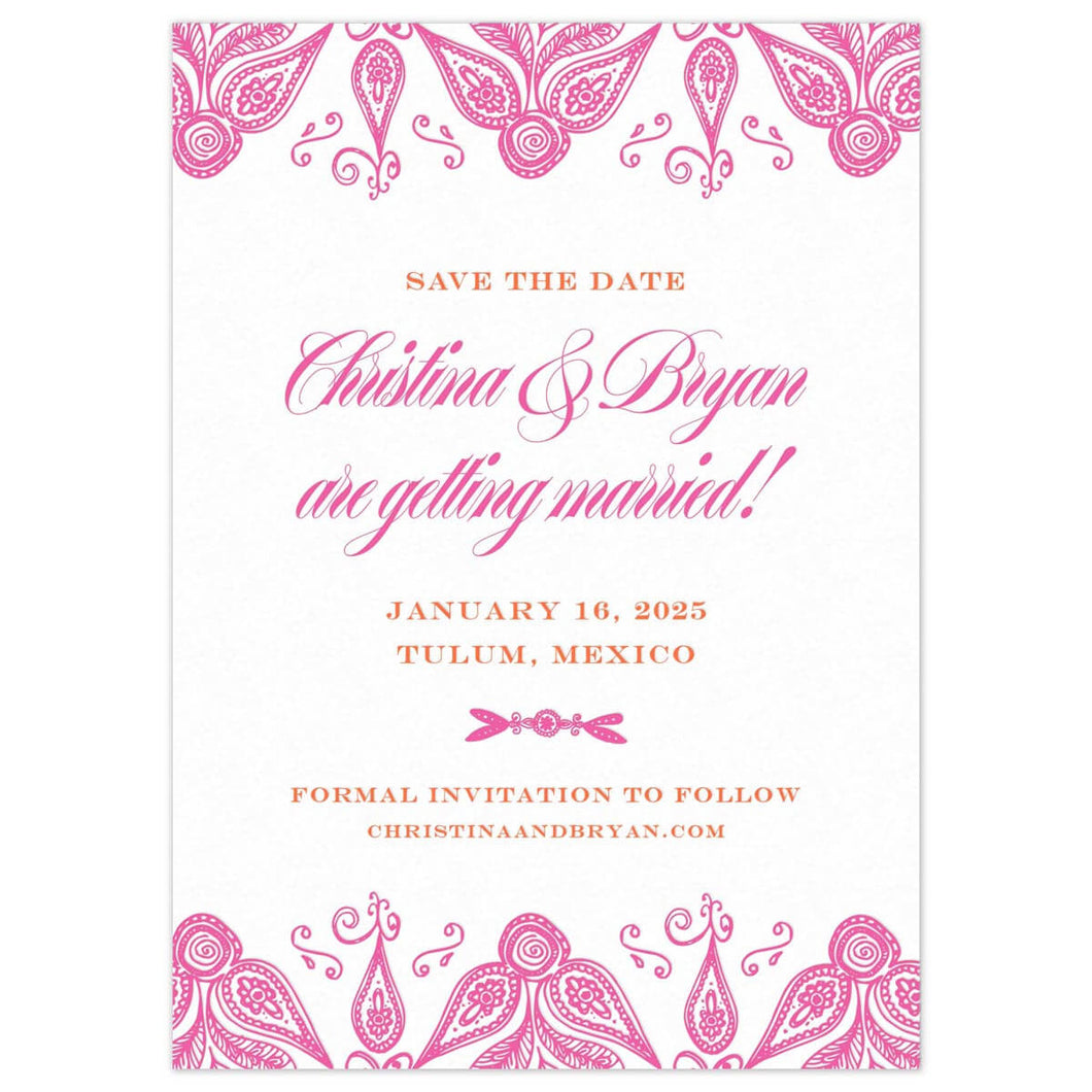 Feminine mexican pattern on the top and bottom of the card in hot pink. Block and script font centered on the page.