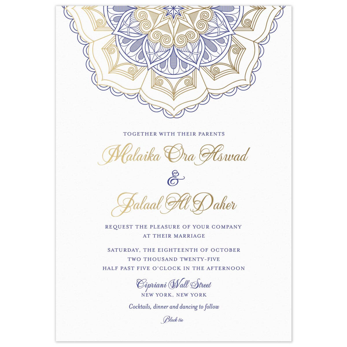 a white paper middle eastern invitation with gold and blue floral design at top and gold script with blue block font
