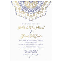 Load image into Gallery viewer, a white paper middle eastern invitation with gold and blue floral design at top and gold script with blue block font