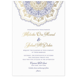 a white paper middle eastern invitation with gold and blue floral design at top and gold script with blue block font