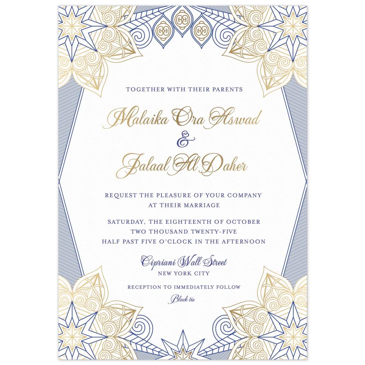 a white paper middle eastern invitation with blue and gold star designs on the corners and gold script with blue block font