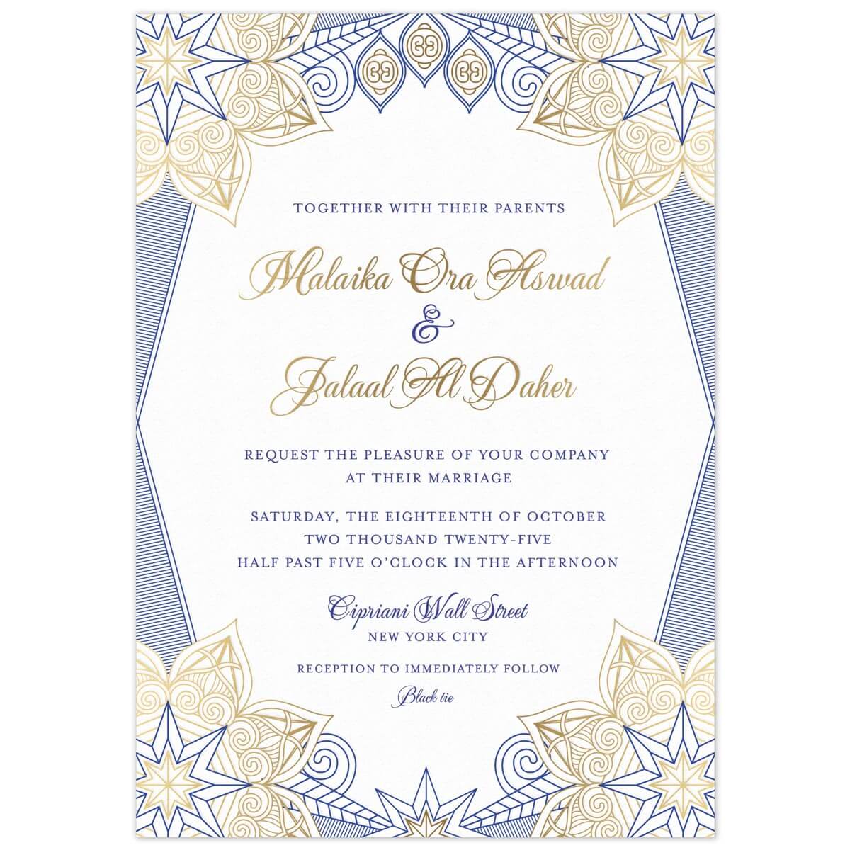 a white paper middle eastern invitation with blue and gold star designs on the corners and gold script with blue block font