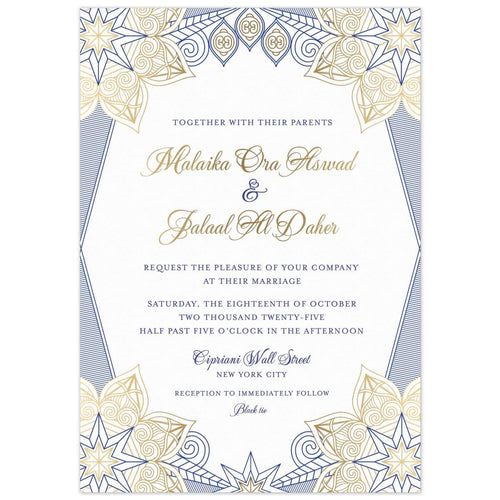 a white paper middle eastern invitation with blue and gold star designs on the corners and gold script with blue block font