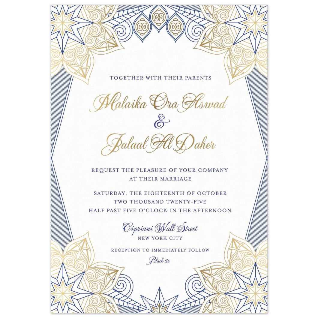 a white paper middle eastern invitation with blue and gold star designs on the corners and gold script with blue block font