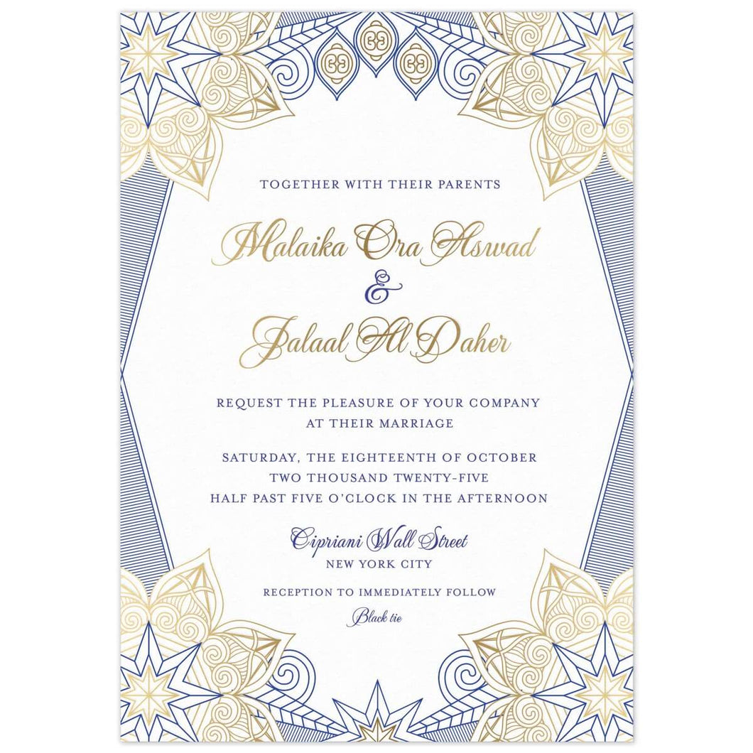 a white paper middle eastern invitation with blue and gold star designs on the corners and gold script with blue block font