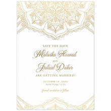 Load image into Gallery viewer, Middle Eastern pattern in gold at the top and bottom of the card. Script and block font in gold centered on the white card.