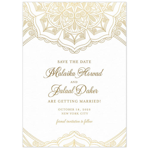 Middle Eastern pattern in gold at the top and bottom of the card. Script and block font in gold centered on the white card.