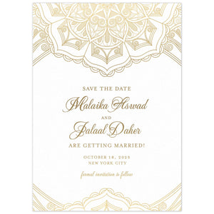 Middle Eastern pattern in gold at the top and bottom of the card. Script and block font in gold centered on the white card.