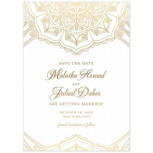Middle Eastern pattern in gold at the top and bottom of the card. Script and block font in gold centered on the white card.