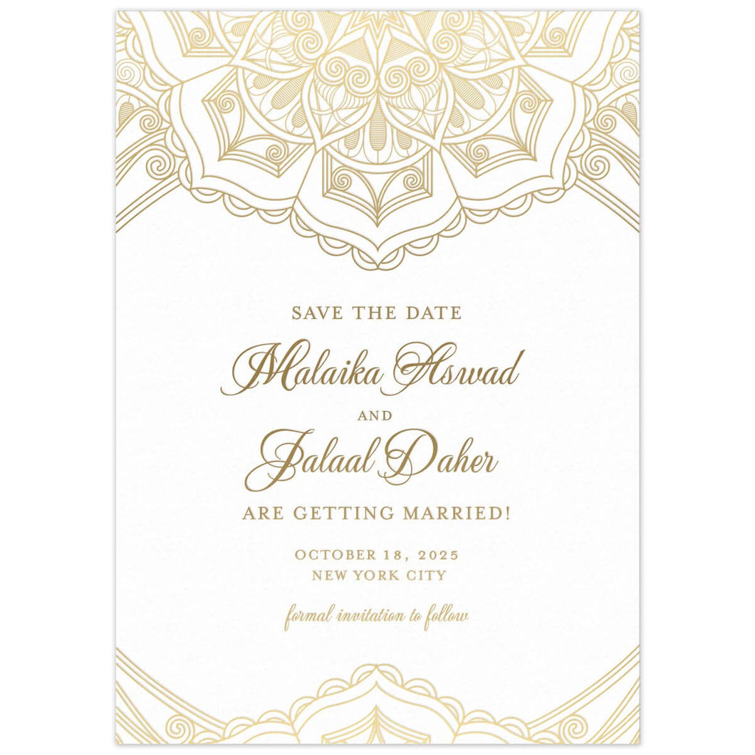 Middle Eastern pattern in gold at the top and bottom of the card. Script and block font in gold centered on the white card.