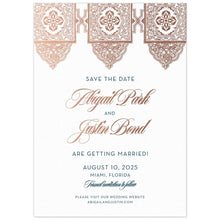 Load image into Gallery viewer, Middle Eastern pattern at the top of the card in rose gold. Block and script font centered on the page in rose gold and navy.