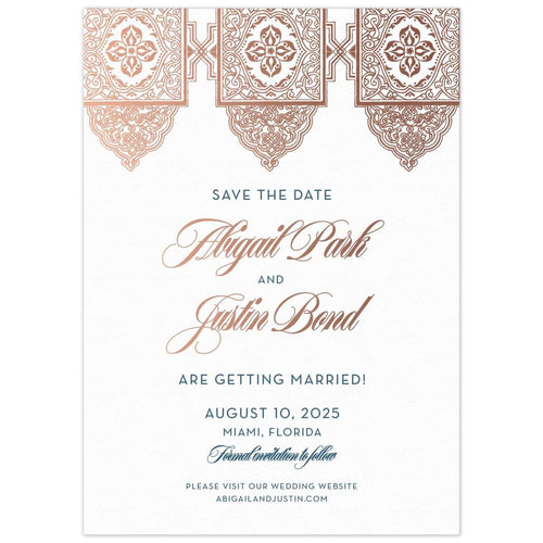 Middle Eastern pattern at the top of the card in rose gold. Block and script font centered on the page in rose gold and navy.