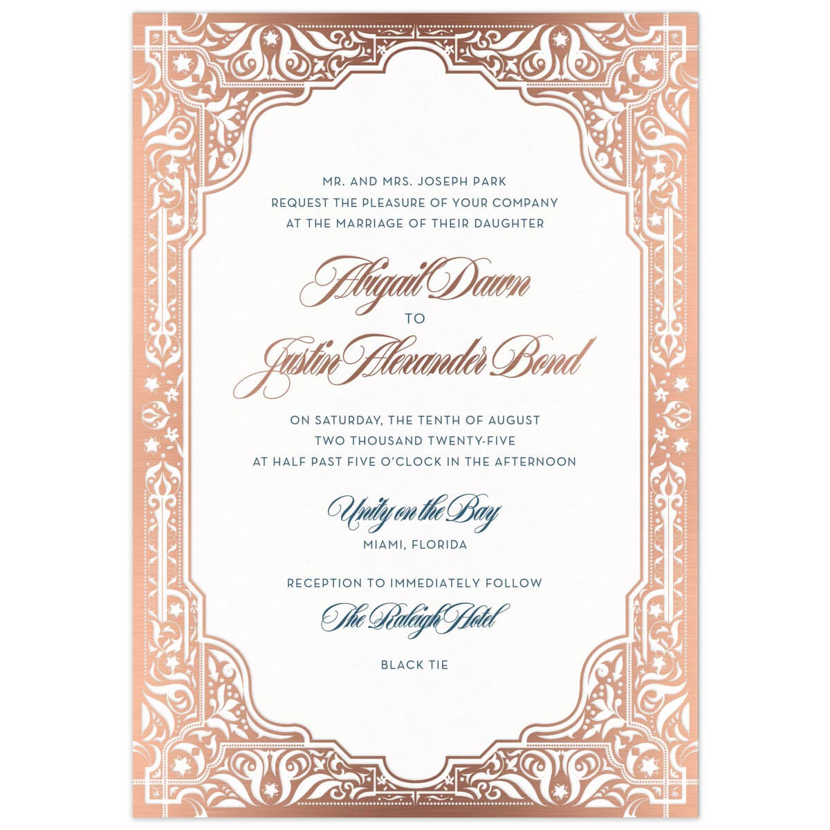 Middle Eastern border in rose gold on all edges of the invitation card. Navy and Rose gold block and script font centered in the frame.l