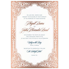Load image into Gallery viewer, Middle Eastern border in rose gold on all edges of the invitation card. Navy and Rose gold block and script font centered in the frame.l