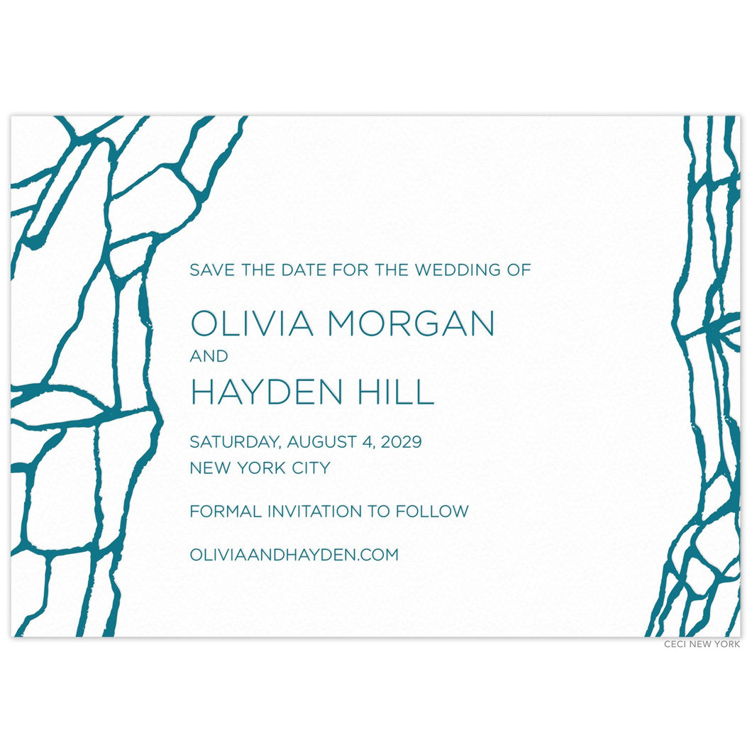 White Save the Date with teal marble pattern on the right and left sides. Teal left aligned type.