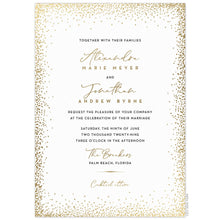 Load image into Gallery viewer, a white paper invitation with modern gold dotted borders and gold and black script and block font