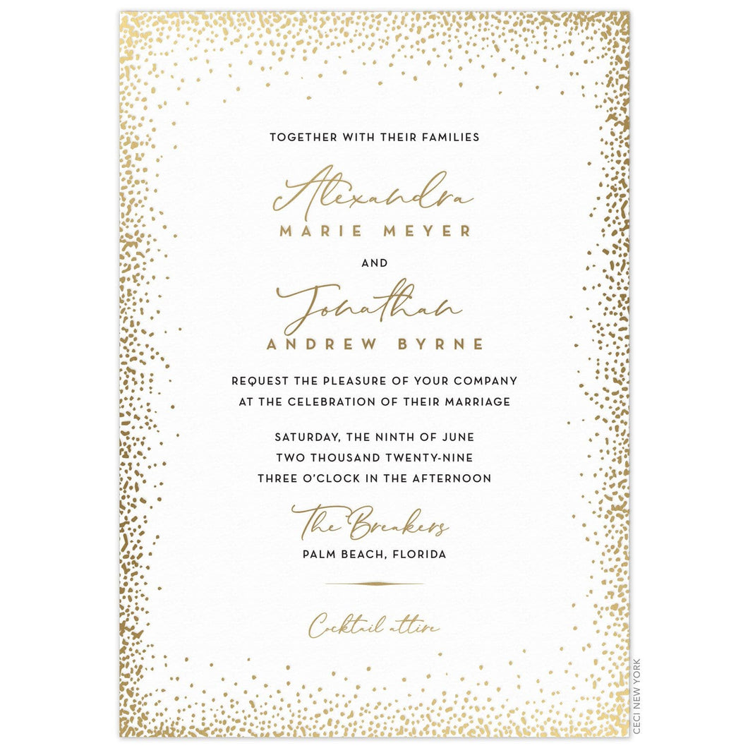 a white paper invitation with modern gold dotted borders and gold and black script and block font