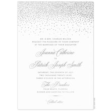 Load image into Gallery viewer, a white paper invitation with silver dot pattern at top and silver script and block font