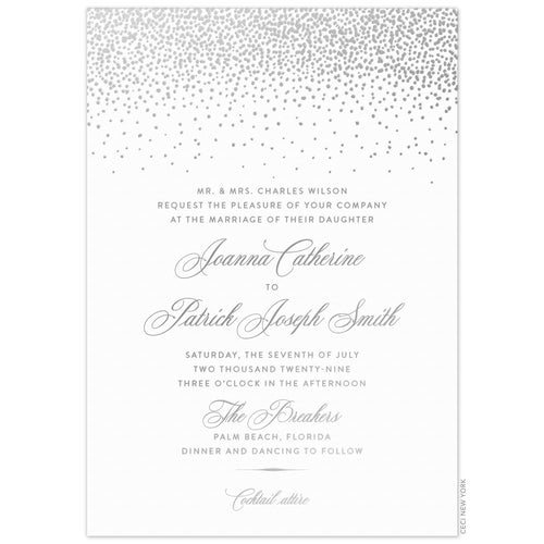 a white paper invitation with silver dot pattern at top and silver script and block font