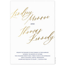 Load image into Gallery viewer, white paper invitation with gold modern script writing and black block font