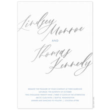 Load image into Gallery viewer, white paper invitation with silver modern script writing and blue block font
