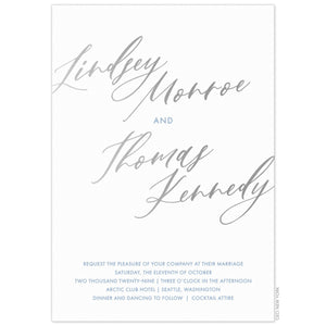 white paper invitation with silver modern script writing and blue block font