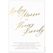 Load image into Gallery viewer, white paper invitation with gold modern script writing and red block font