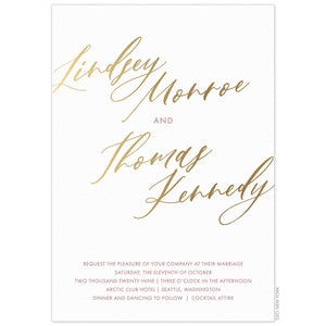 white paper invitation with gold modern script writing and red block font