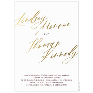 white paper invitation with gold modern script writing and maroon block font