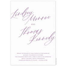 Load image into Gallery viewer, white paper invitation with both lavender modern script and block font