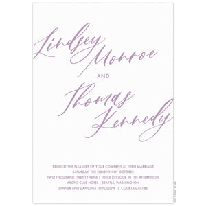 white paper invitation with both lavender modern script and block font