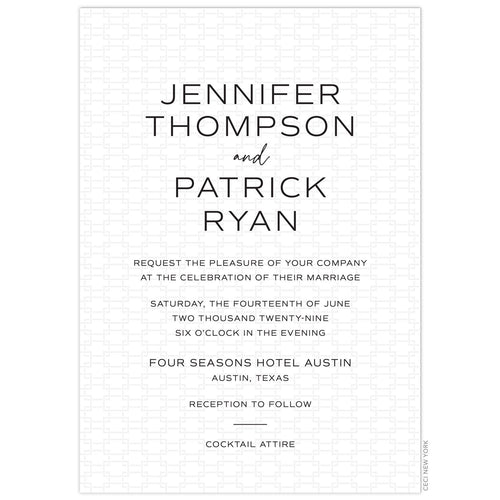 a white paper invitation with light gold modern interlocking geometric background design and block lettering