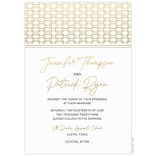 Load image into Gallery viewer, White invitation with gold linked pattern on the top of the invitation. Gold script font and black block font centered on the card.