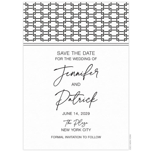 White save the date with black linked pattern on the top of the card. Black script and block font centered on the card.
