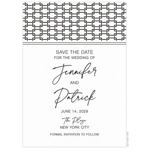 White save the date with black linked pattern on the top of the card. Black script and block font centered on the card.