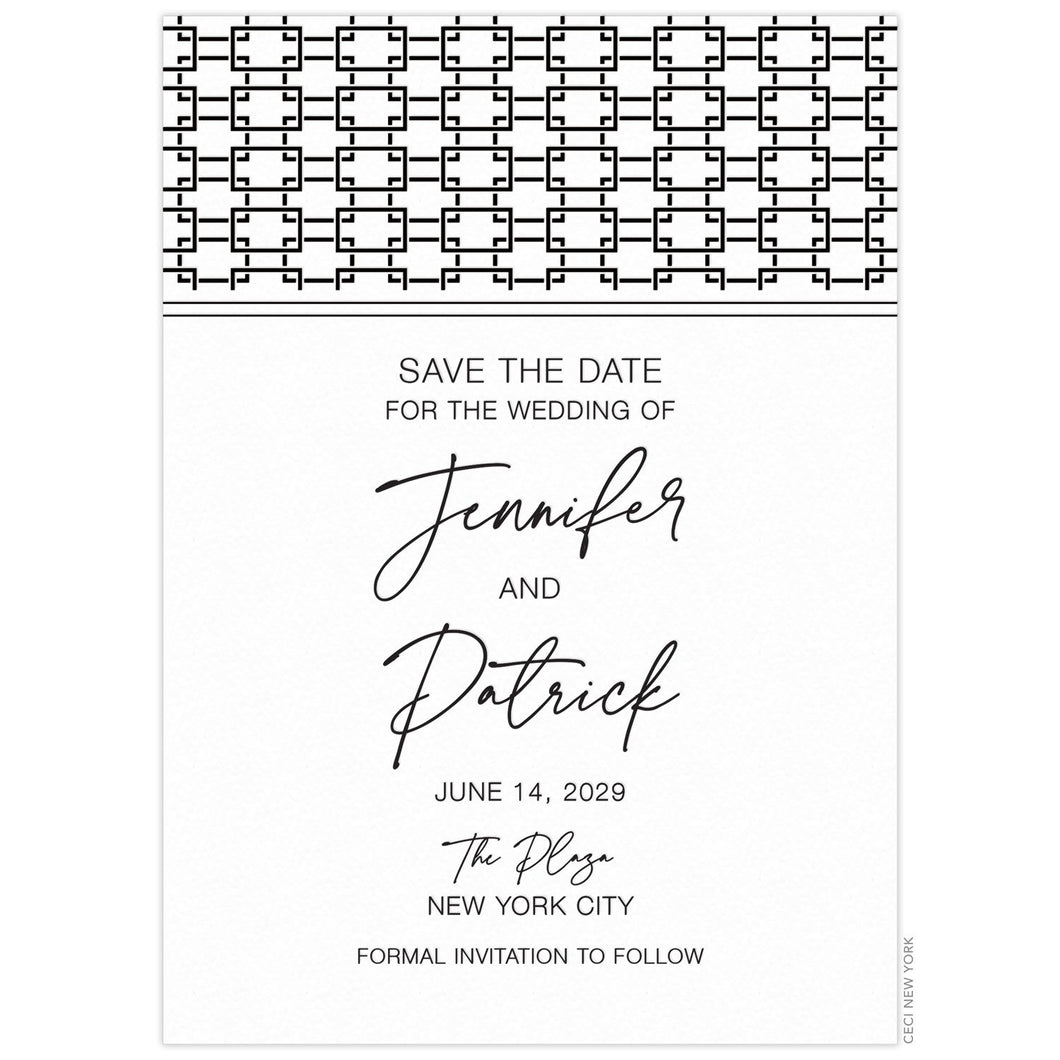 White save the date with black linked pattern on the top of the card. Black script and block font centered on the card.