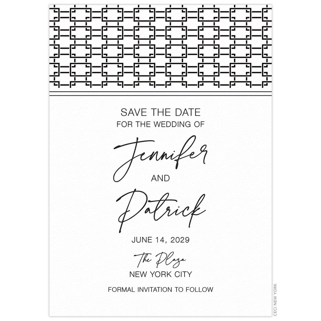 White save the date with black linked pattern on the top of the card. Black script and block font centered on the card.