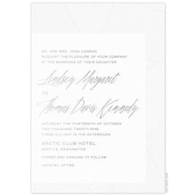 Load image into Gallery viewer, white paper invitation with silver geometric lines on top right and bottom and silver script and block font