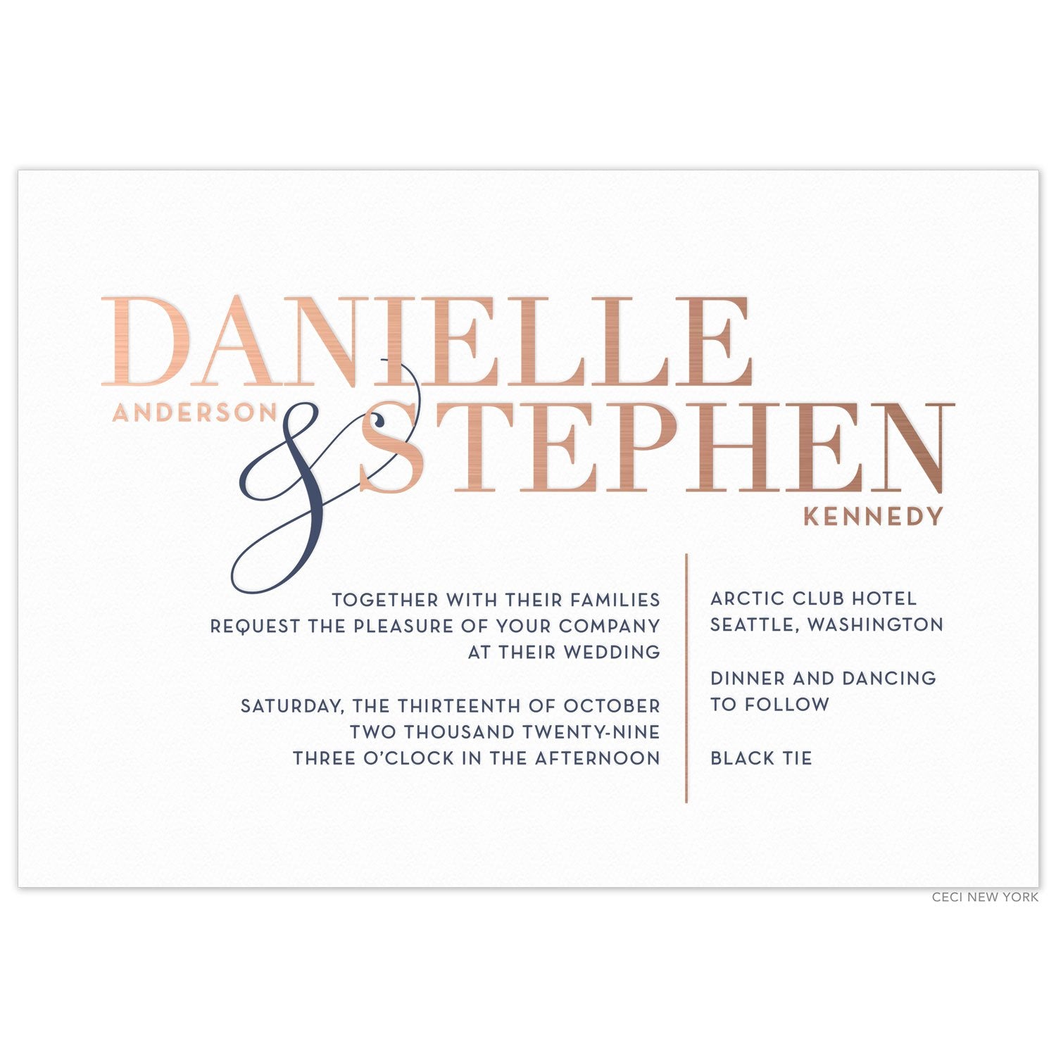 a modern horizontal white paper invitation with bold block rose gold names and dark blue font 