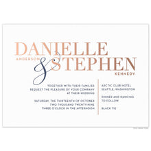Load image into Gallery viewer, a modern horizontal white paper invitation with bold block rose gold names and dark blue font 