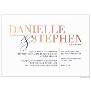 a modern horizontal white paper invitation with bold block rose gold names and dark blue font 