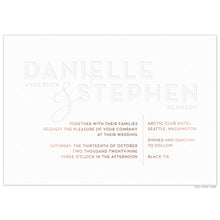 Load image into Gallery viewer, a modern horizontal white paper invitation with white letterpress block names and gold text